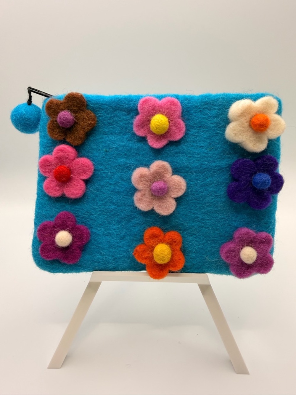 Colorful Blue Felt Floral Coin Purse Zip Pouch Pom Pom